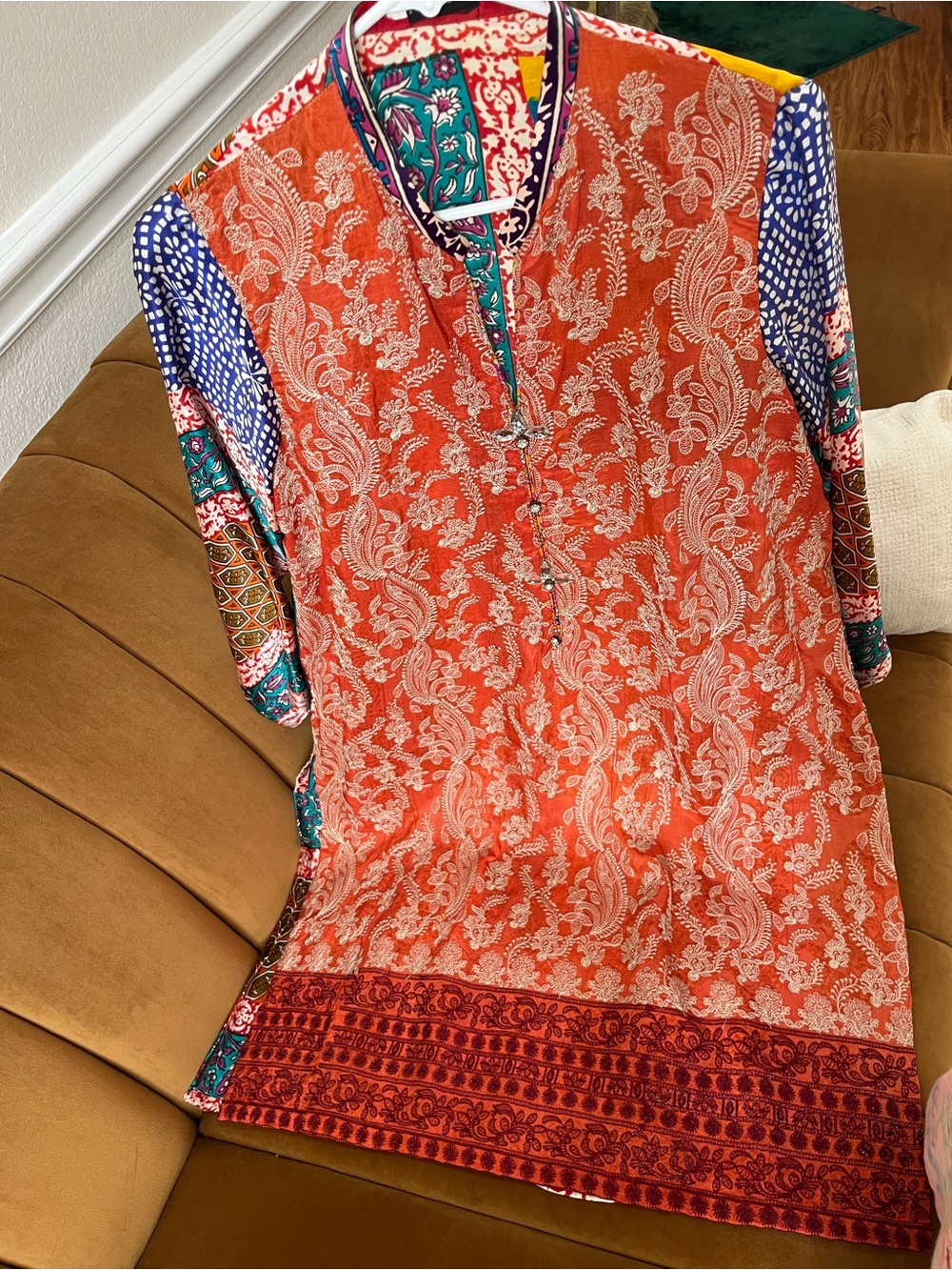 Agha Noor - Silk Orange Paisley Tunic Top with Multicolor Sleeves